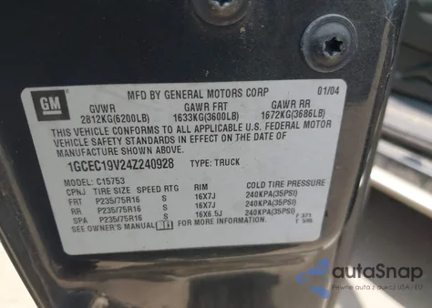 2004 Chevrolet Silverado 1500 Ls из США, поврежденный, VIN 1GCEC19V24Z240928